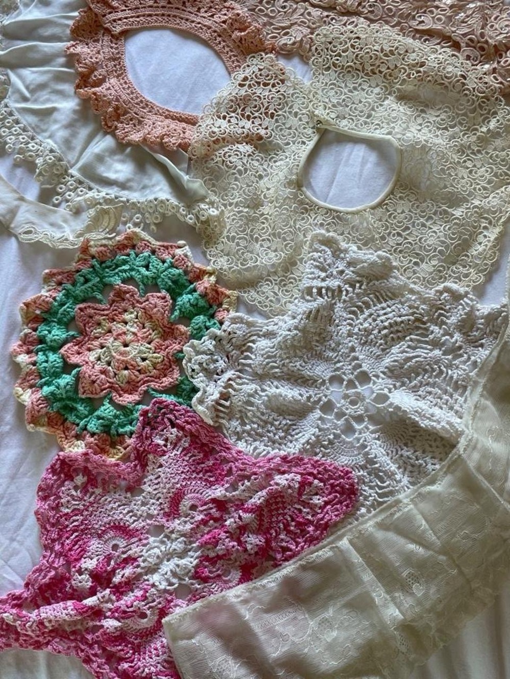 Handmade Crochet Doilies & Lace and Collar Sets in Cream, Pink, Peach, Green